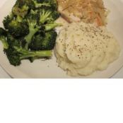 Savory Chicken Saute With Mashed Cauliflwer and Roasted Broccoli