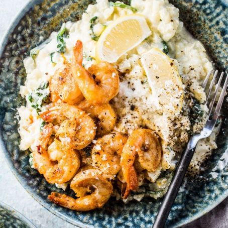 Spinach Lemon Cauliflower Risotto with Garlic Prawns ##