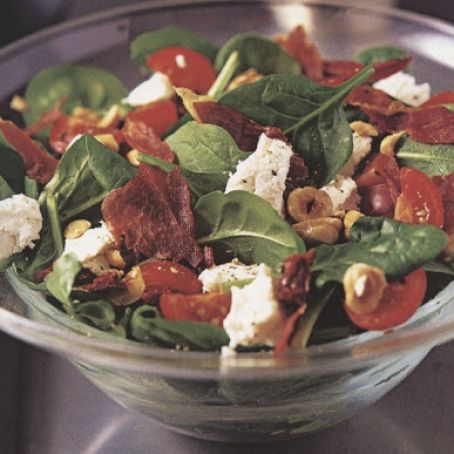 Spinach, Cured Ham and Goat's Cheese Salad with a Hazelnut and Honey Dressing