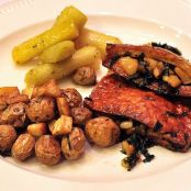 Apple-Smoked Tofu stuffed with Collard Greens and Apples, Apple Cider, Maple Syrup & Calvados Glazed