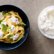 Creamy Corn Bucatini with Corn Ricotta and Basil