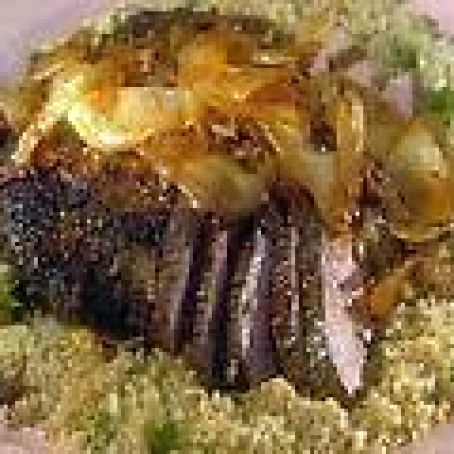 London Broil with Ale au jus and Roasted Onions with Quinoa