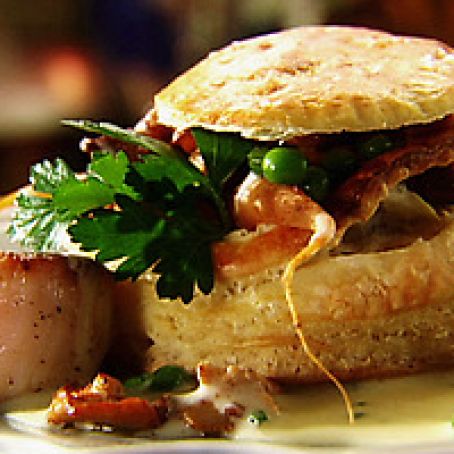 Seared Sea Scallops in Beurre Blanc with Baby Spring Vegetables in Puff Pastry