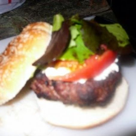 CARMELIZED ONION STUFFED BURGERS W/FETA CHEESE SAUCE