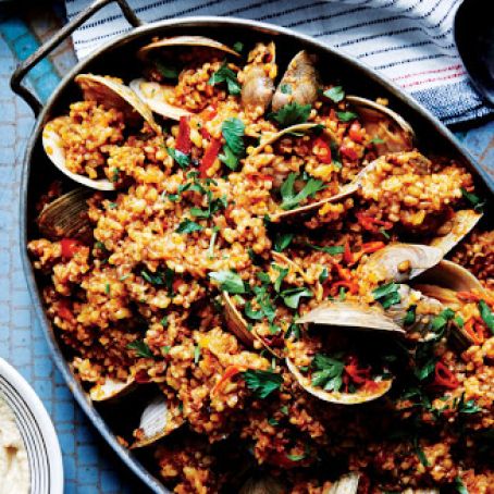 Freekeh Paella with Clams and Almond Aioli