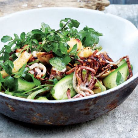 Squid Salad with Cucumber, Watercress, and Cilantro