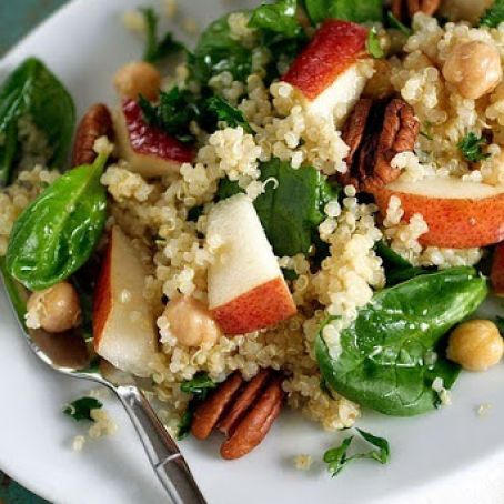 Quinoa Salad with Pears, Baby Spinach and Chick Peas in a Maple Vinaigrette