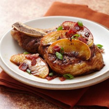 Pan Seared Pork Chops with Brown Sugar Glazed Apples and Bacon