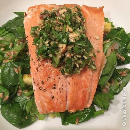 Seared Salmon & Salsa Verde with Orange, Spinach & Farro Salad