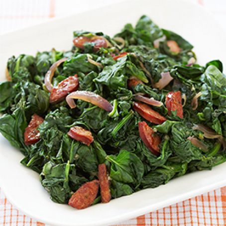 Garlicky Greens with Andouille and Onion