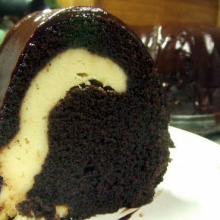 Rich Fudge Ribbon Bundt Cake with Shiny Kahlua Chocolate Icing
