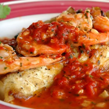 Baked Walleye with Tomato Sauce and Juicy Shrimp
