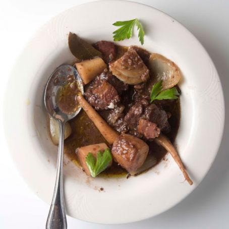 Lamb Stewed with Parsnip, Bacon, Fennel, & Red Wine