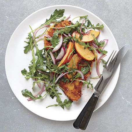 Chicken Cutlet w/Peach and Arugula Salad