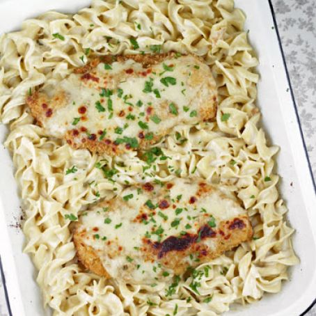 Oven Fried Swiss Cheese Chicken with Egg Noodles in a Creamy Sauce