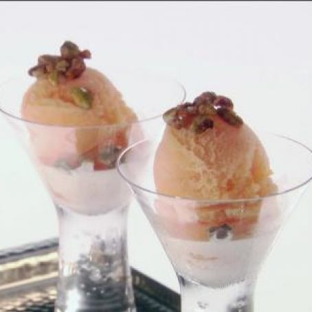 Tangerine Sorbet with Vanilla Cream and Candied Pistachios