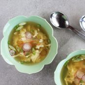 Egg Drop Soup with Ginger, Chiles + Spring Peas