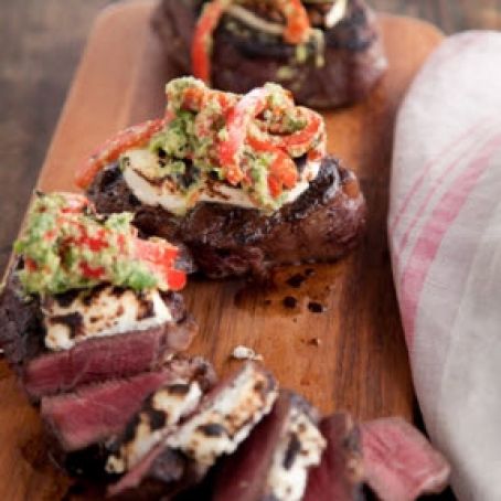 Black Pepper Crusted Filet Mignon with Goat Cheese and Roasted Red Pepper & Ancho Salsa