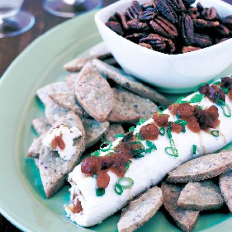 Blue Cheese Shortbread Leaves with Cream Cheese-Chutney Roulade
