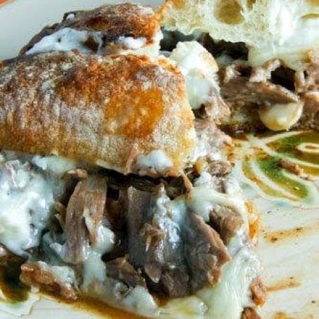 Pot Roast Sandwich Smothered in Gravy with Melted Swiss Cheese and Horseradish Mayonnaise