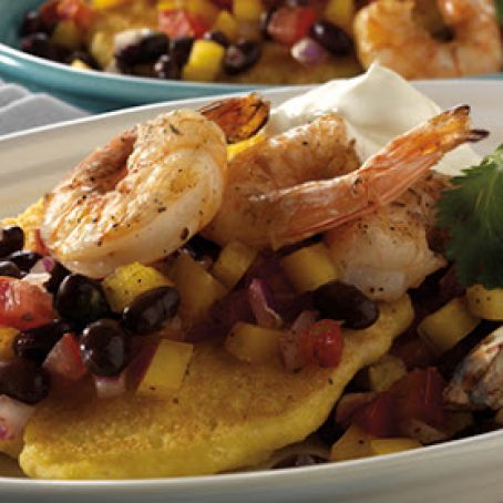 Grilled Shrimp & Griddled Corn Cakes With Black Bean and Tomato Relish