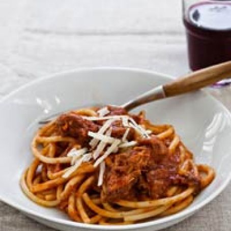 Slow Cooker Sunday Sauce on Spaghetti