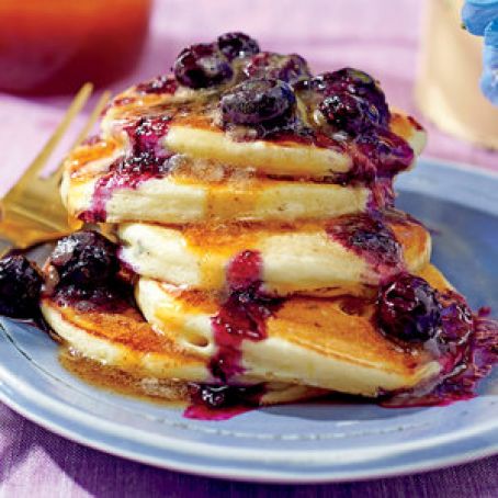 Ricotta Pancakes with Brown Butter-Maple Syrup and Blueberry Compote
