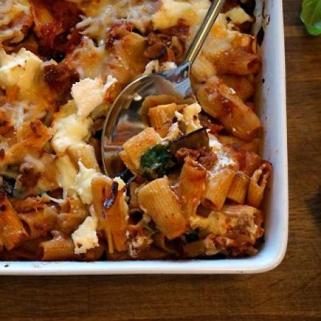 Cheesy Baked Rigatoni with Roasted Eggplant and Greens