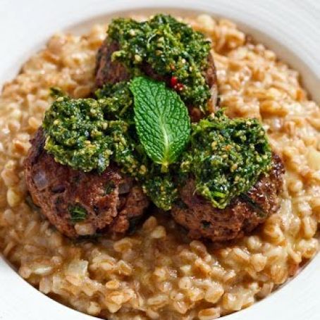 Lamb and Mint Meatballs with Farro Risotto and Cilantro Pesto