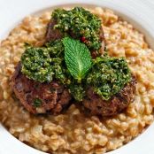 Lamb and Mint Meatballs with Farro Risotto and Cilantro Pesto