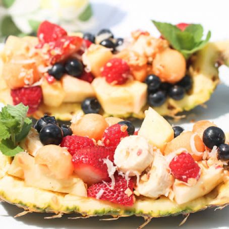 Pineapple Fresh Fruit Boats with Toasted Coconut and Macademia Nuts