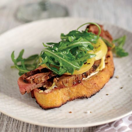Open-Face Steak Sandwich with Pickled Green Tomatoes