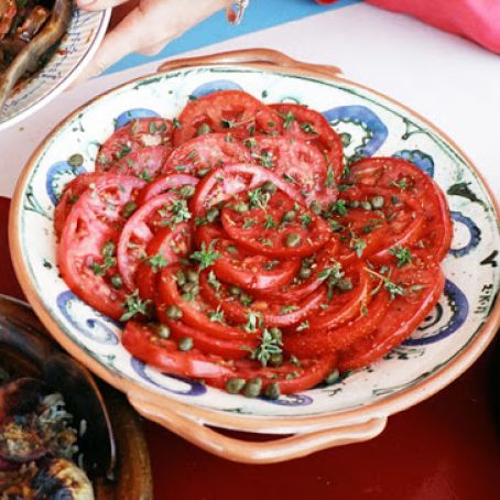 Veggies: Tomato Salad with Shallot Vinaigrette, Capers, and Basil