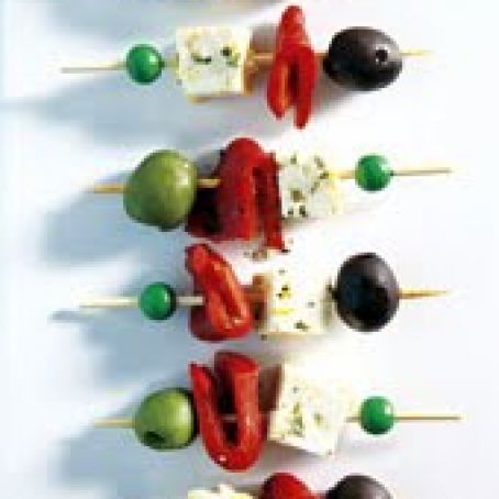 Marinated Feta, Olive, and Roasted Red Pepper Skewers