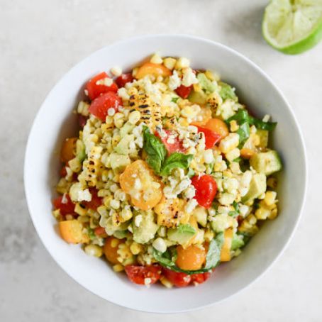 Easy Grilled Corn Tomato Salad with Blue Cheese and Basil Ribbons