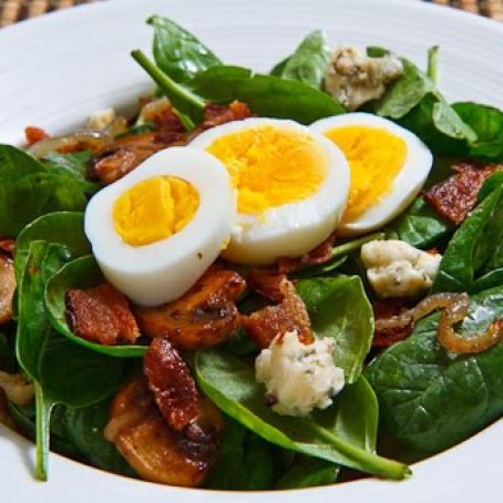 Spinach Salad with Bacon, Caramelized Onions, Mushrooms and Blue Cheese in a Bacon Pan Sauce Dressing Topped with a Hard Boiled Egg