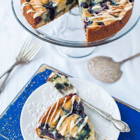 Blueberry and Jam Buttermilk Coffee Cake with Buttery Vanilla Glaze