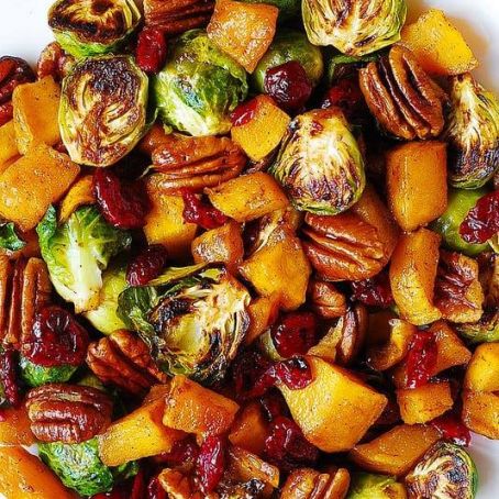 Butternut Squash with Roasted Brussels Sprouts, Pecans, and Cranberries