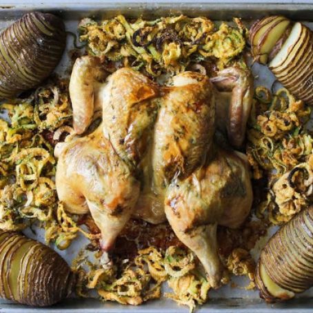 Spatchcock Chicken, Hasselback Potato, and Zucchini Fries