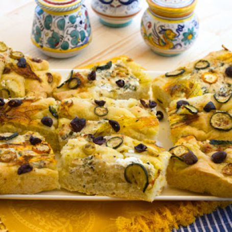 Focaccia With Zucchini, Zucchini Blossoms, Ricotta Cheese & Olives