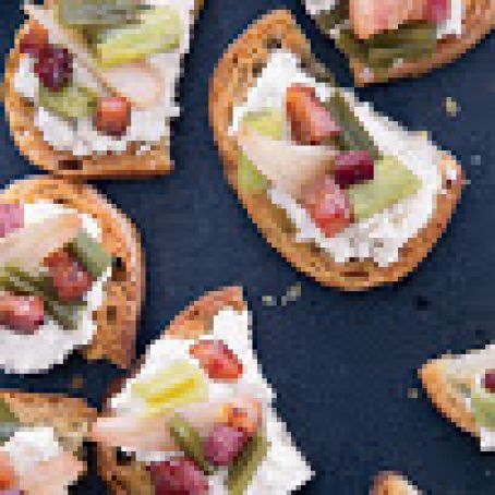 Ricotta Crostini with Pickled Ramps and Crisp Pancetta
