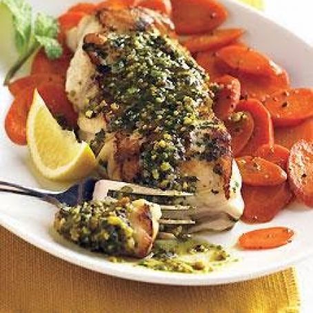 SAUTEED STRIPED BASS w/MINT PESTO & CARROTS