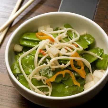 Charred Snow Peas, Pickled Mushrooms, and Water Chestnuts