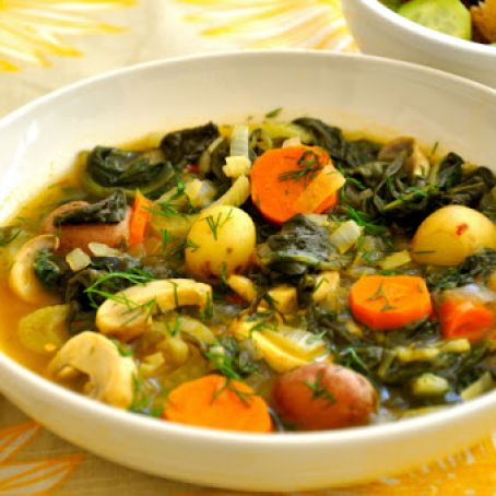 Veganism & Spirituality & Braised Greens, Potatoes & Mushrooms with Lemon, Dill and Fennel