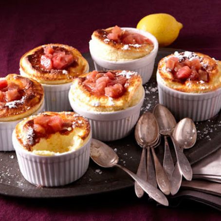 Lemon Soufflé with Rhubarb-Vanilla Compote