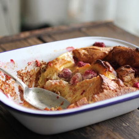 Vanilla Brioche Bread Pudding with Raspberries