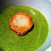 Broccoli-Edamame Soup with Jumbo Goat Cheese Croutons