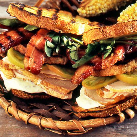 Grilled Turkey Breast with Bacon, Green Tomato with Goat Cheese-Sage Mayonnaise