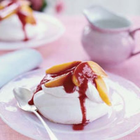 Campari Meringues with Baked Peaches and Raspberry Sauce