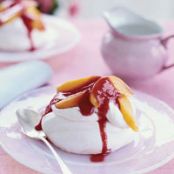 Campari Meringues with Baked Peaches and Raspberry Sauce